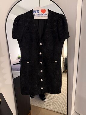 Aqua Black Short Sleeve Tweed Dress with Pearl Buttons